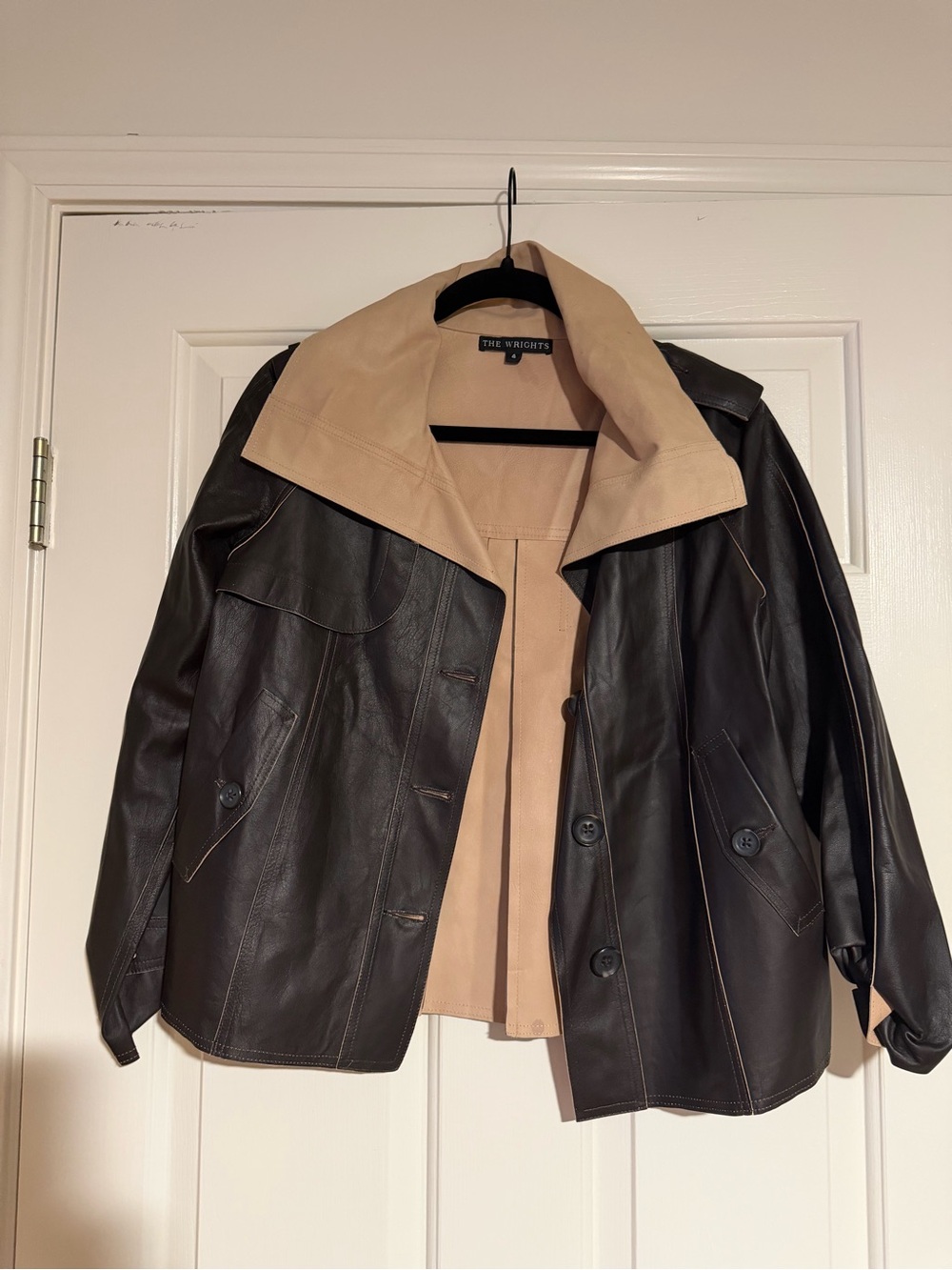 Two-Tone Leather Trench Jacket in Brown and Beige